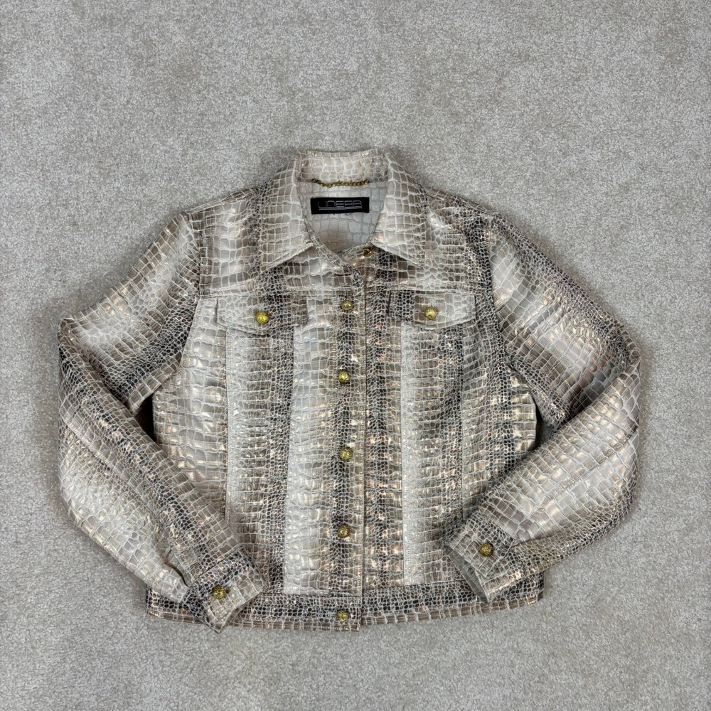 Linear Metallic Crocodile Embossed Button Front Jacket‎ Gold Womens Size S